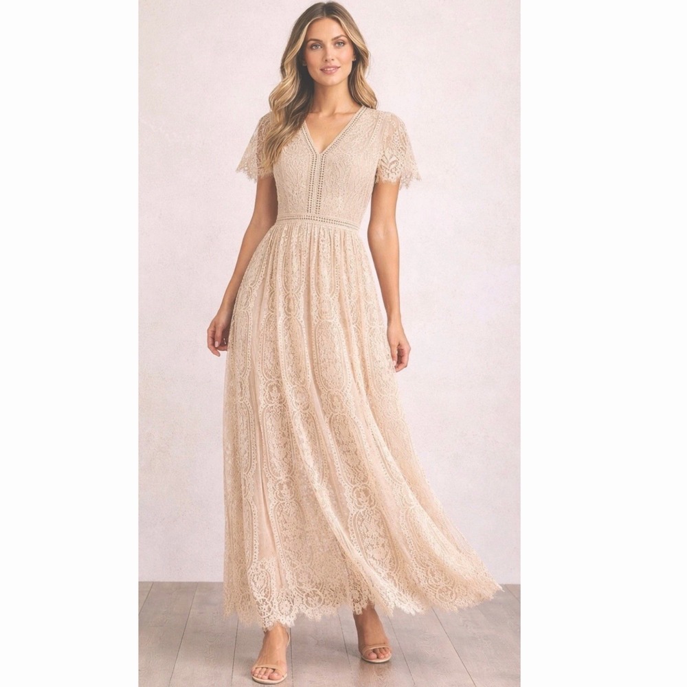 MEROKEETY Beige Nude Lace Floral Maxi Dress Sz M Sheer Boho Romantic‎ Fairy NWT